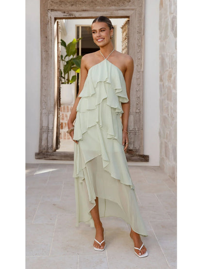 Spring Summer Ruffled Elegant Halter Solid Color Cake Chiffon Dress