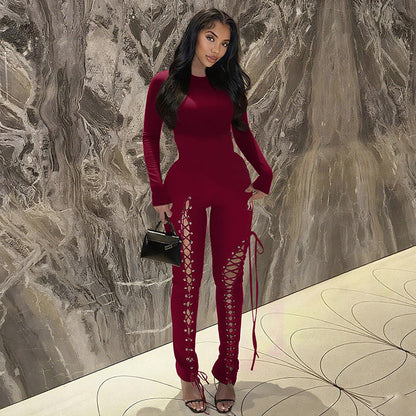 Fall Sexy Solid Color Waist Tight Hollow Out Cutout out Strap Tight Jumpsuit