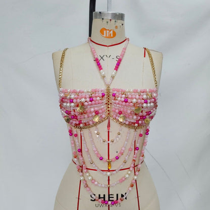 Women Pink Crystal Body Cha Metal Gemstone Shell Sexy Colorful Chest Necklace