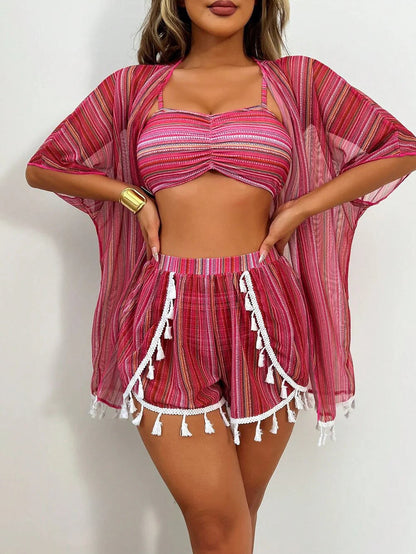 Sun Protective Blouse Sexy Tassel Bikini Four Piece Set Swimsuit Set