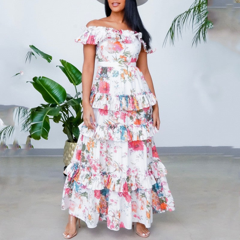 Women Summer round Neck Long Sleeve Printed Ruffled Maxi Dress Vacation Dress for Women