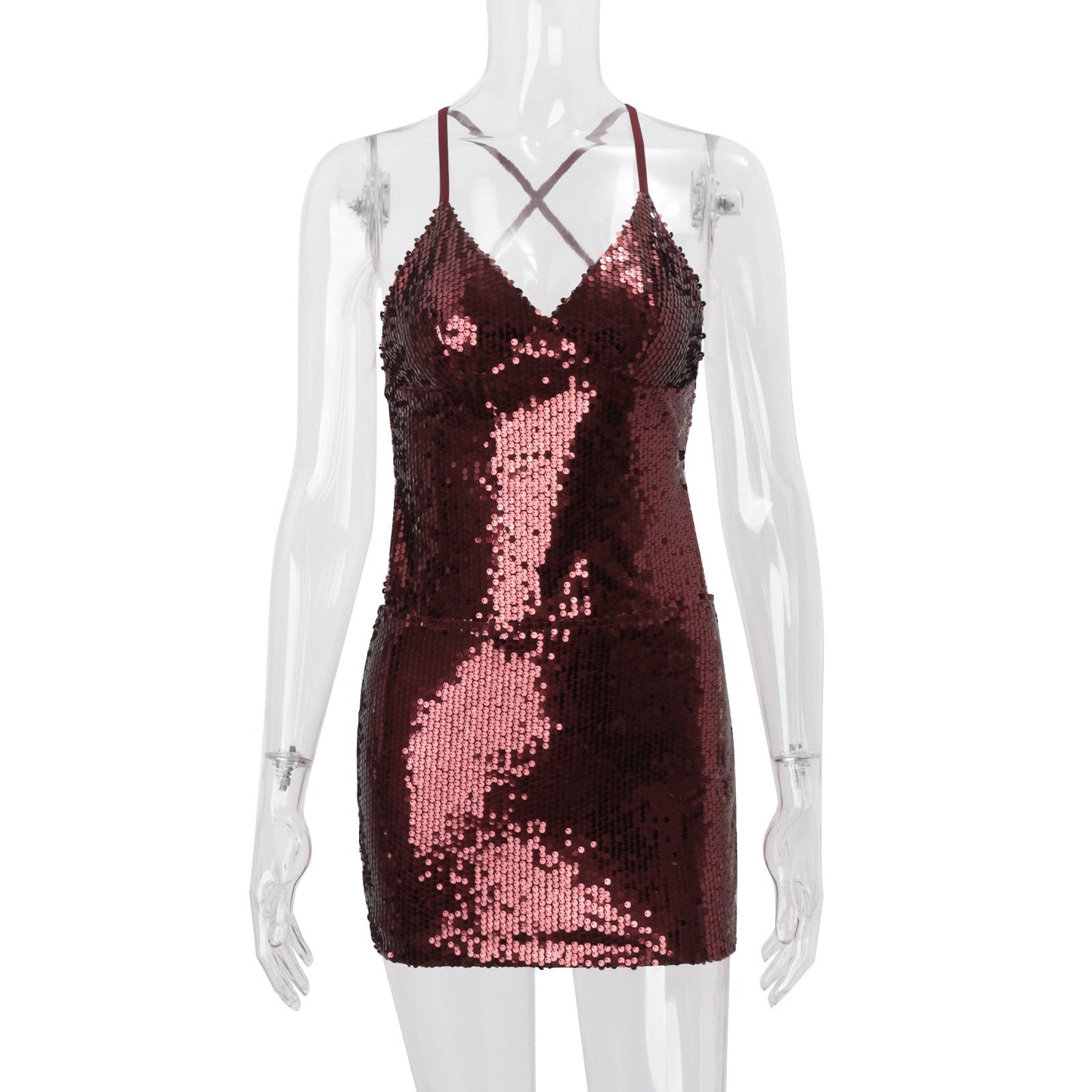 Women Clothing Sexy Bare Back Nightclub Sexy Sequined Lace up Sheath Short Dress