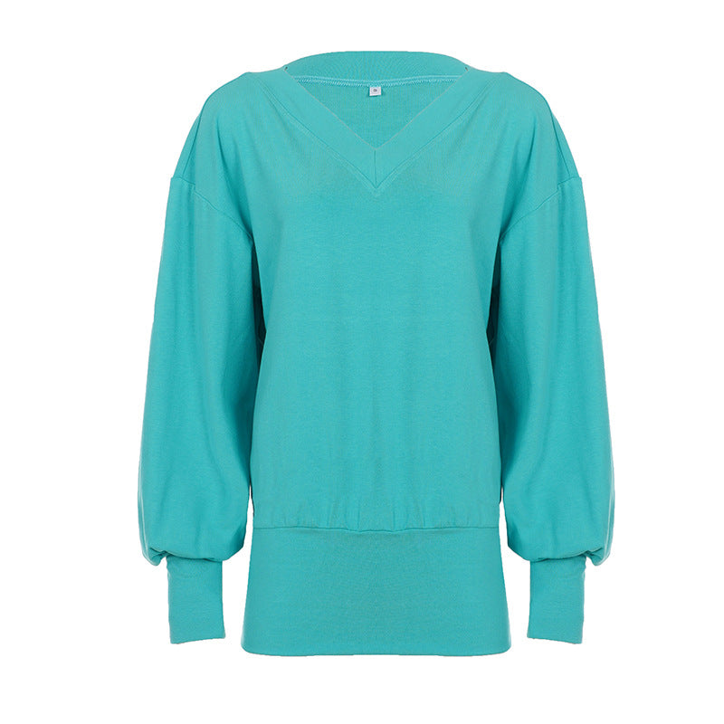 Idle Casual Loose Fitting V neck Long Sleeves Sheath Dress Street Millennium Sexy Solid Color Knitted Dress