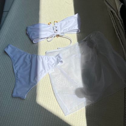 Sexy Solid Color Tube Top Three Piece Mesh Swimwear Swimsuit Bikini Bikini