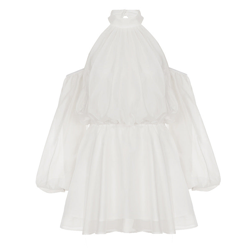French Elegant Socialite off Shoulder Halter Hollow Out Cutout Backless Dress Fashionable Island Vacation Light Pettiskirt Women