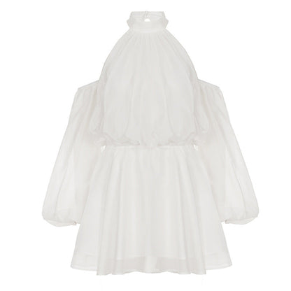 French Elegant Socialite off Shoulder Halter Hollow Out Cutout Backless Dress Fashionable Island Vacation Light Pettiskirt Women