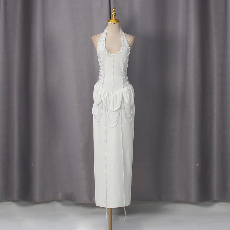 French Halter Solid Color Dress Spring Waist Tight Slimming Sheath Diamond Beaded Dress Women