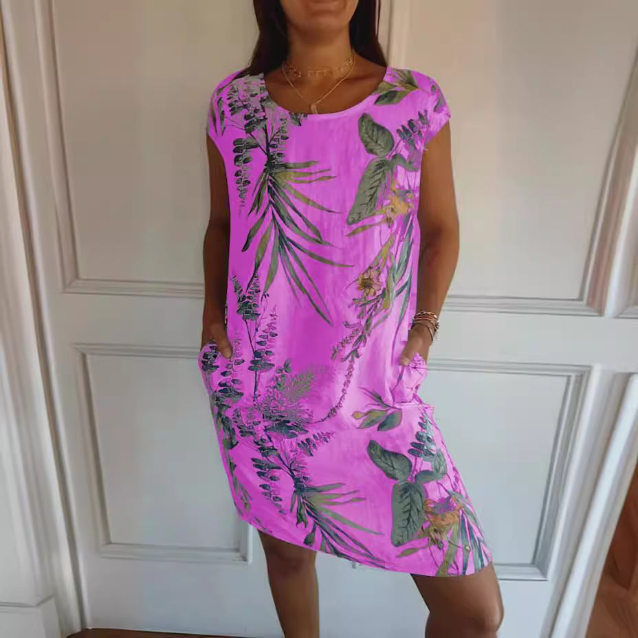 Women Clothing Summer Cotton Linen round Neck Printed with Pocket