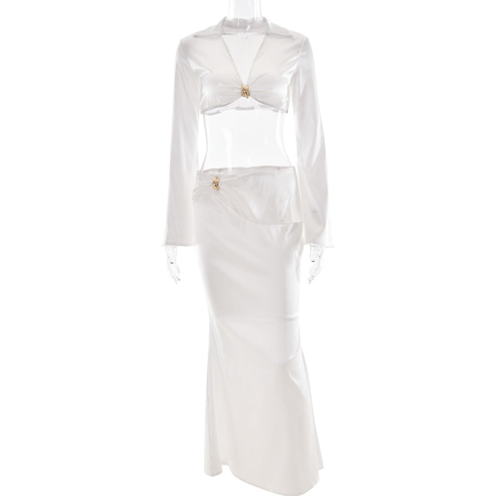 Summer Wind Graceful Satin Women Two Piece Sets Deep V Plunge Long Sleeve Top Sexy Slim Fit Maxi Skirt