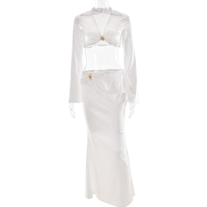 Summer Wind Graceful Satin Women Two Piece Sets Deep V Plunge Long Sleeve Top Sexy Slim Fit Maxi Skirt