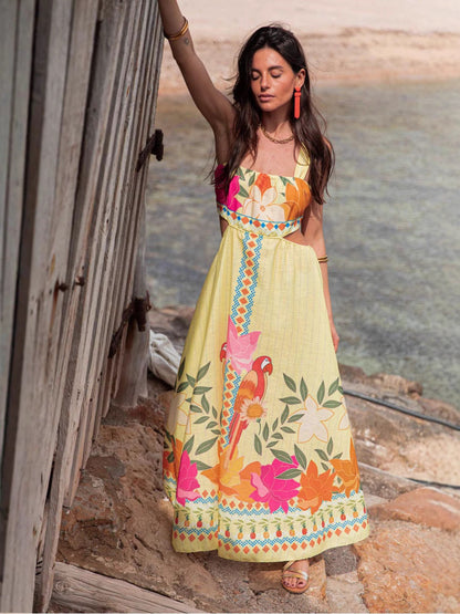 Summer Positioning Printing Cropped Outfit Lace up Large Swing Dress for Women Dress