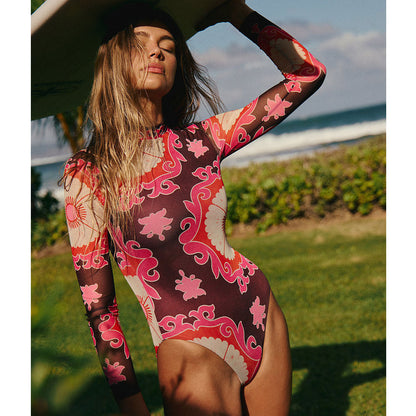 Printed Long Sleeve Zipper Surfing One Piece Swimsuit