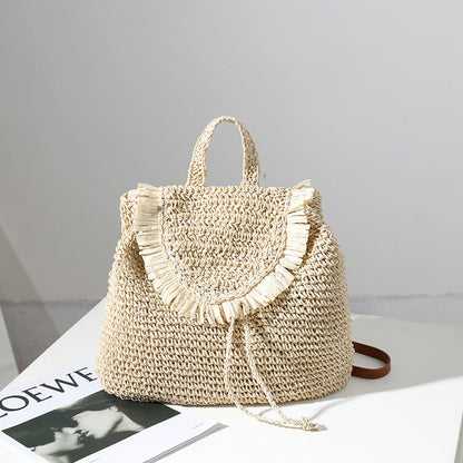 Backpack Straw Bag Mori Casual Tassel Straw Bag Woven Bag Women Same Seaside Vacation Beach Bag