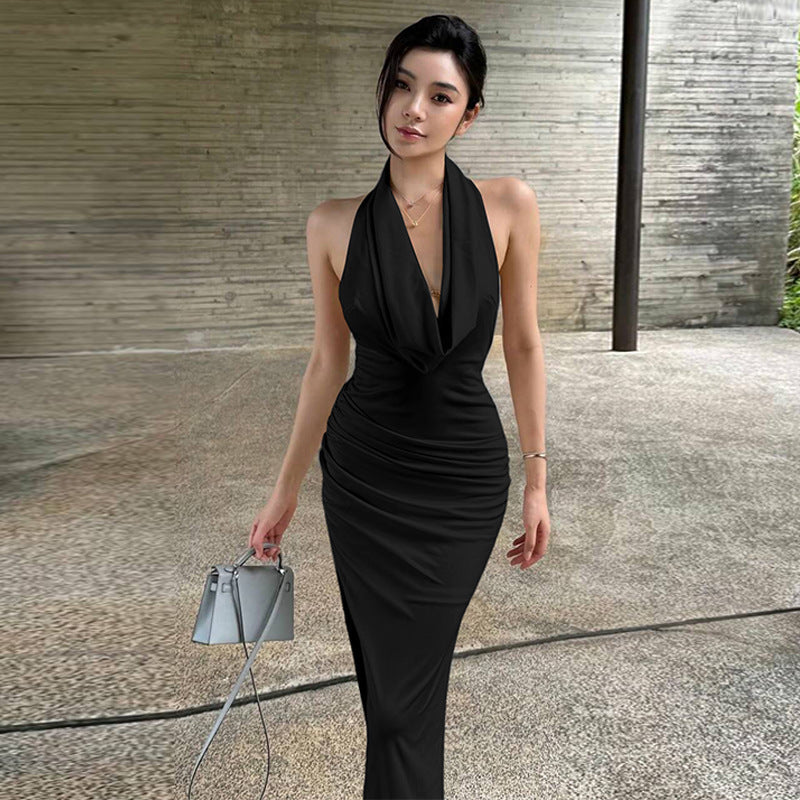 Women Clothing Winter Sexy Backless Pleated Slim Elegant Halter Maxi Dress
