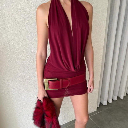 Hollowed out Backless Halter Deep V Plunge Hip Matching Mesh Dress Two Piece Set