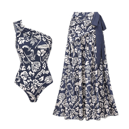 Swimsuit One Shoulder Floral One Piece Swimsuit Women Skirt
