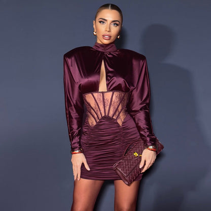 Autumn Winter Sexy Tight Elastic Satin Hip Elegant Dress