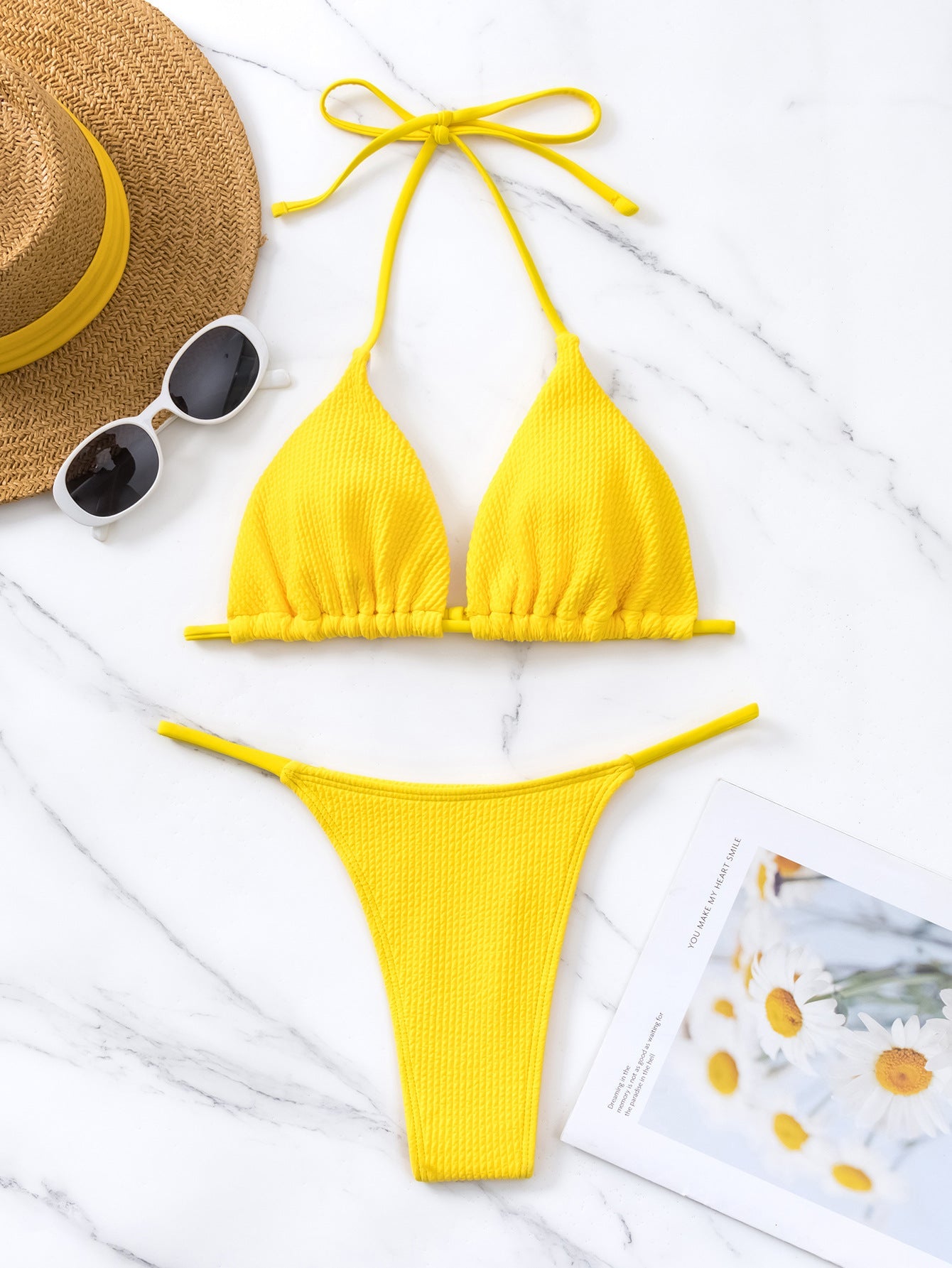 Bikini Thread Fabric Solid Color Triangle Cup Lace up Sexy Bikini Swimsuit for Women