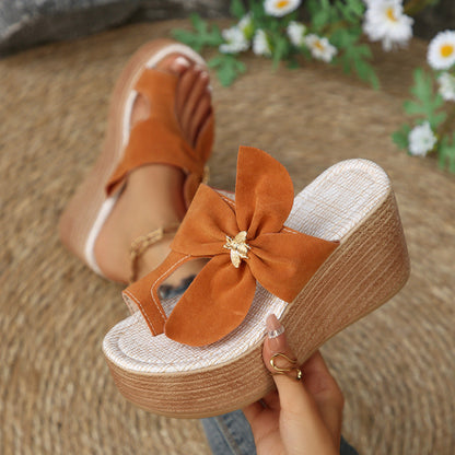 Metal Buckle Suede Toe Covering Wedge Slippers Women Bow Platform Muffin Beach Sandals