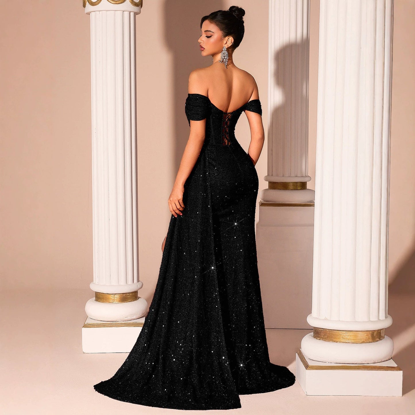Strapless Black Evening Dress Sequined Slim Fit Slimming Fishtail Bridal Toast Dress Cocktail Evening Dress