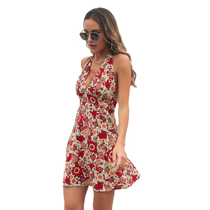 Women Floral Halter Dress Deep V-neck Backless Sleeveless Chiffon Holiday Beach Dress Short Women Clothing