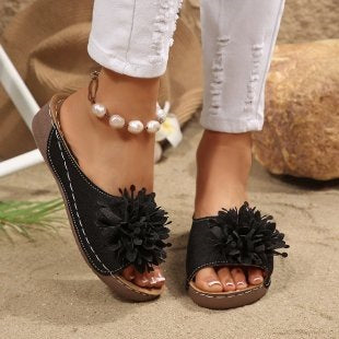 Floral Cloth Wedge Slippers Women Outdoor Seaside Platform Beach Slippers