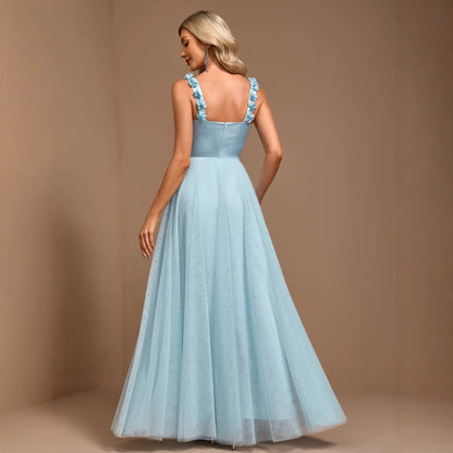 Elegant Halter Strap Handmade Floral Pleated Chest Color Stitching Mesh A Swing Evening Dress
