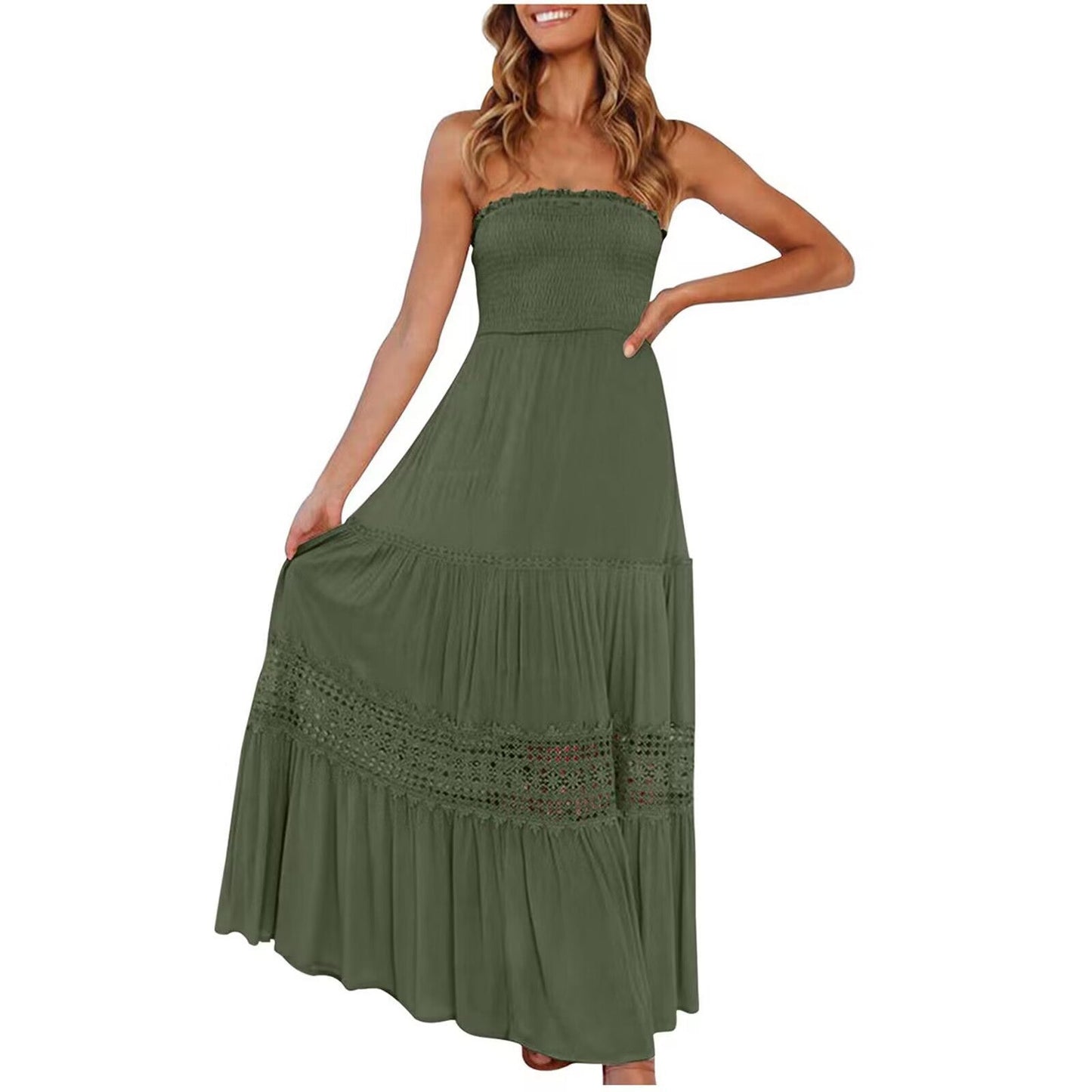 Solid Color Tube Top Hem Long Sleeveless Retro Bohemian Waist Tight Dress