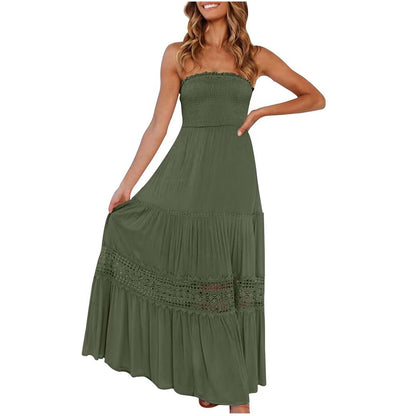 Solid Color Tube Top Hem Long Sleeveless Retro Bohemian Waist Tight Dress