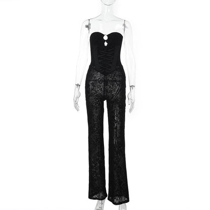 Metal Hollow Out Cutout See through Flocking Strap Lace Tube Top Jumpsuit