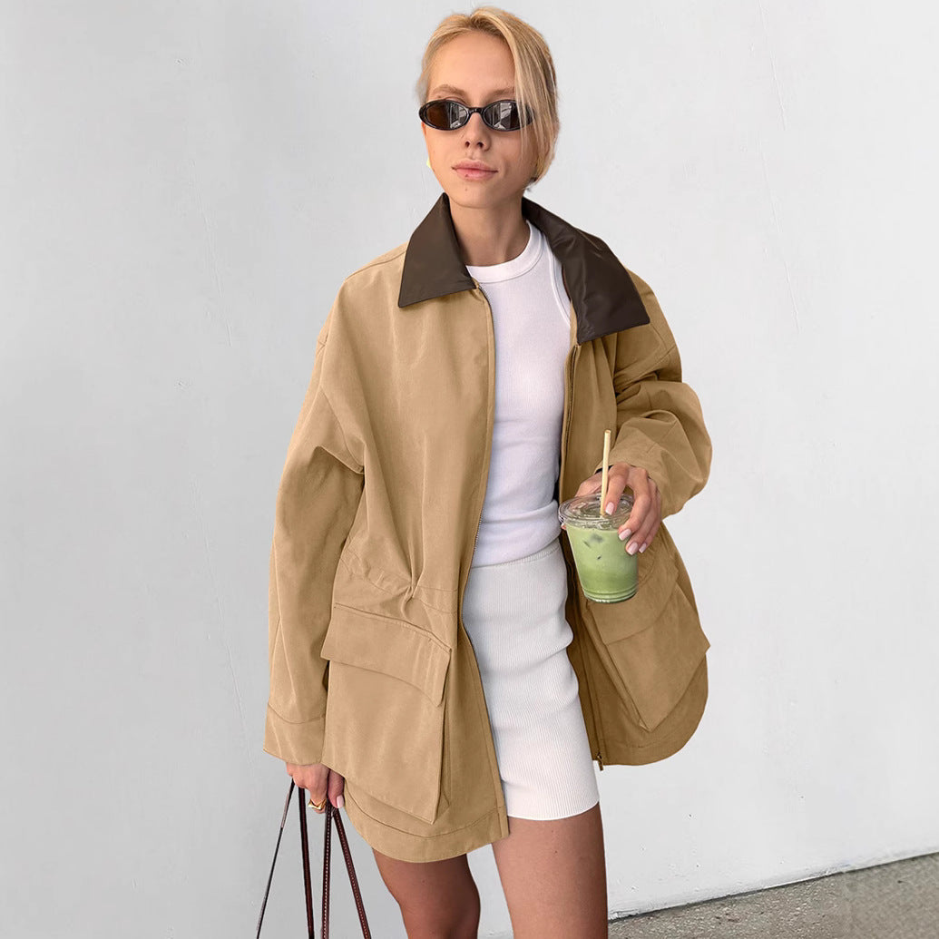 Autumn Winter Patchwork Leather Loose Trench Women