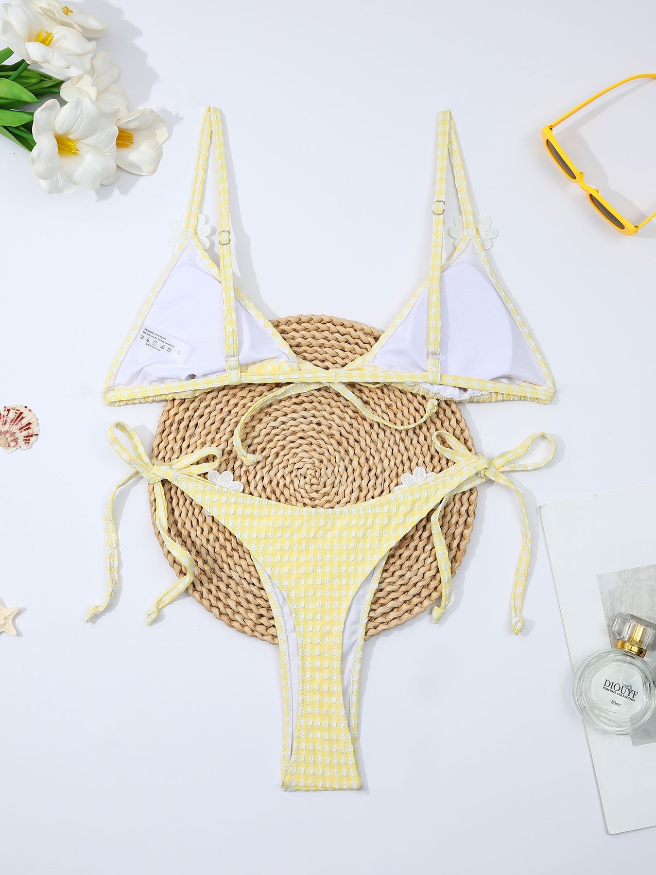 Fresh Yellow Plaid Daisy Split Bikini Swimsuit