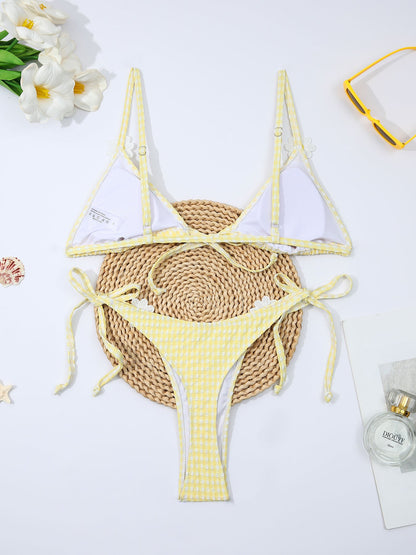 Fresh Yellow Plaid Daisy Split Bikini Swimsuit