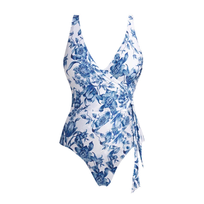 Bikini Blue Color Floral Vacation Split Swimsuit Women