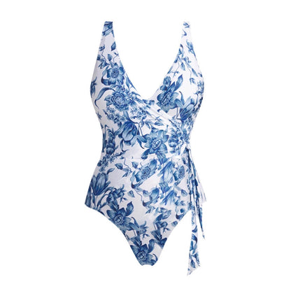 Bikini Blue Color Floral Vacation Split Swimsuit Women