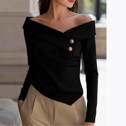 Women Clothing Spring Autumn Elegant Graceful off Shoulder Bottoming Long Sleeve Solid Color