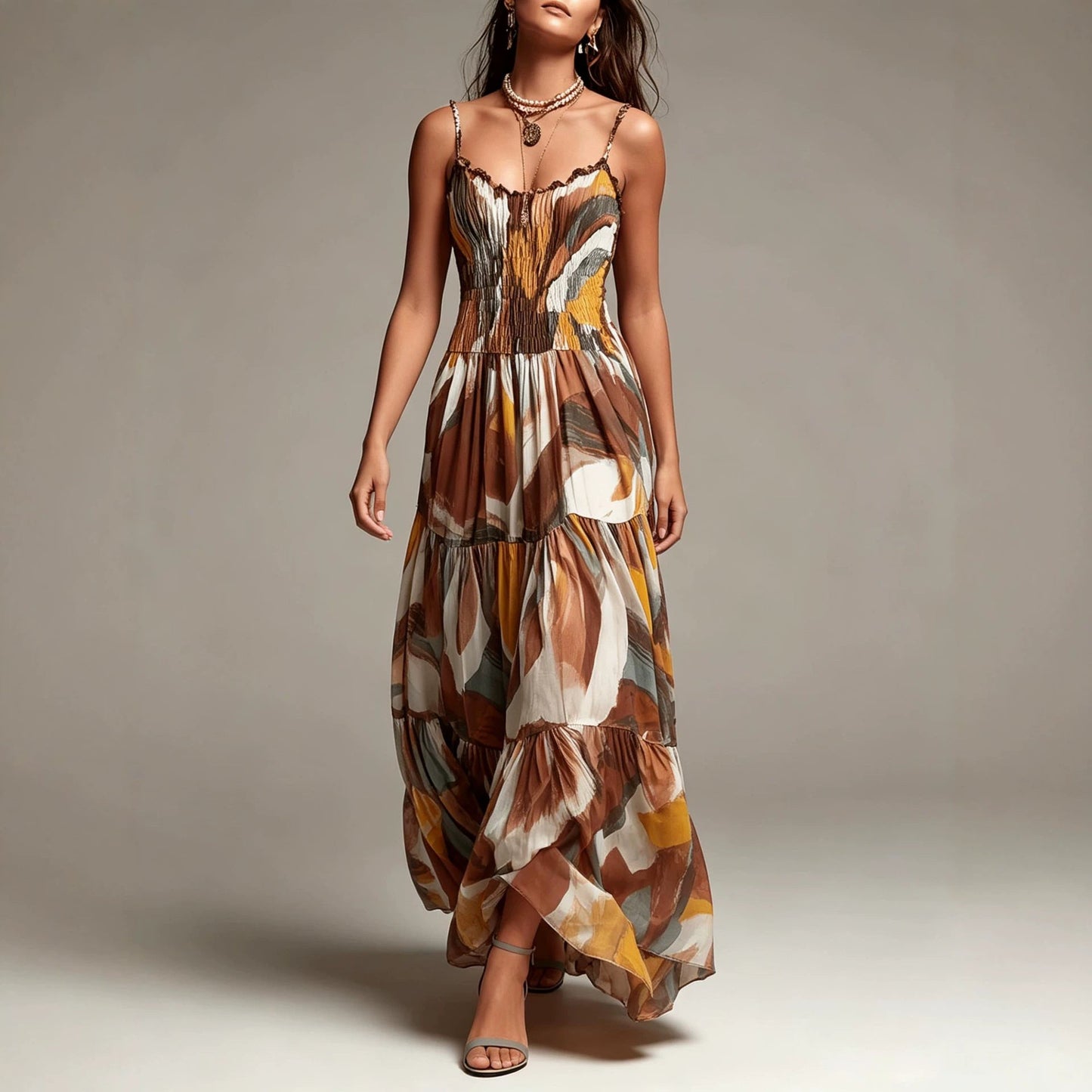Abstract Printing Layered Maxi Dress Bohemian Spaghetti Strap Pleated Waist Pocket Dress