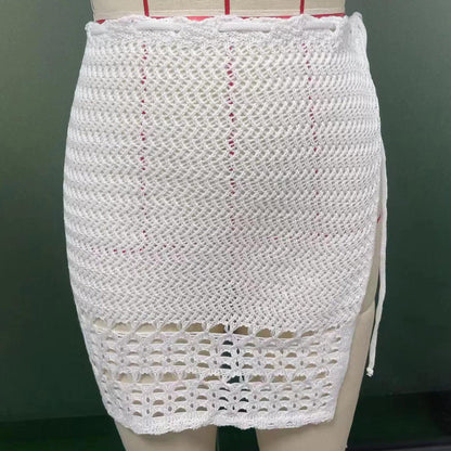 Summer Skirt Solid Color Sexy Knitted Hollow Out Cutout Beach Bikini Swimsuit Outwear Skirt Crochet hook