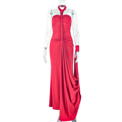 Solid Color Elegant Women Backless Lace up Tube Top Hip Pleated off Neck Dress Cocktail Dress