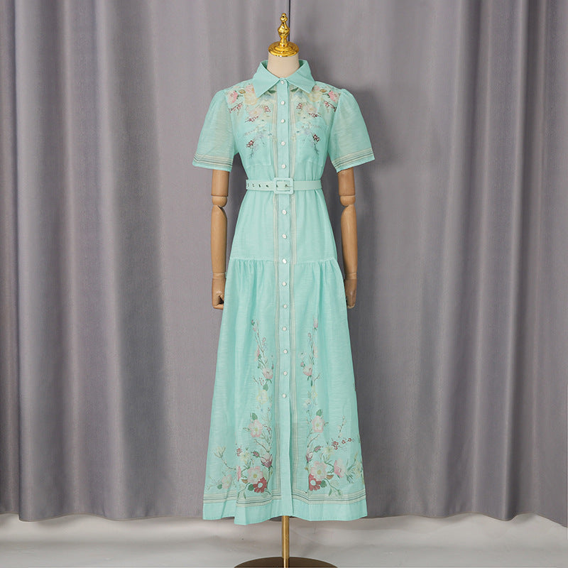 Royal Collared Single Breasted Maxi Dress Elegant Vintage Print Lace up Waist Dress Women