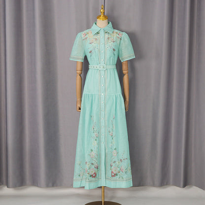 Royal Collared Single Breasted Maxi Dress Elegant Vintage Print Lace up Waist Dress Women