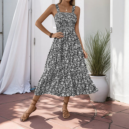 Summer Printed Suspender Sweet Floral Backless Dress