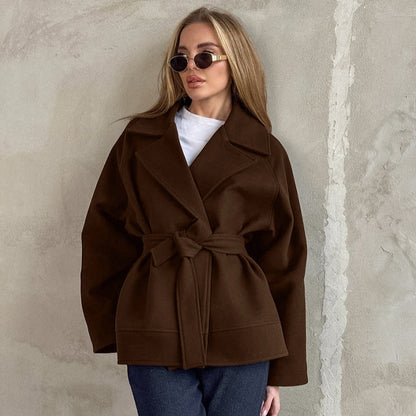 Autumn Winter Atmosphere Woolen Coat Women Waist Controlled Lace up All Matching Long Sleeve Woolen Cloth Overcoat