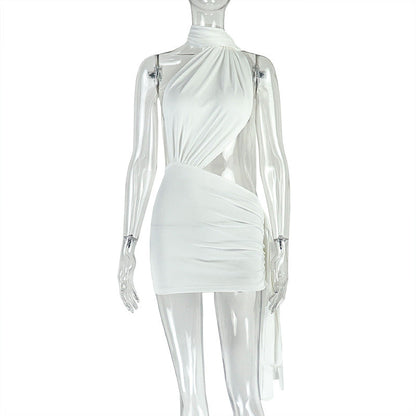 Street Women Wear Stitched Backless Solid Color Hip Lace up Pleated Asymmetric Dress