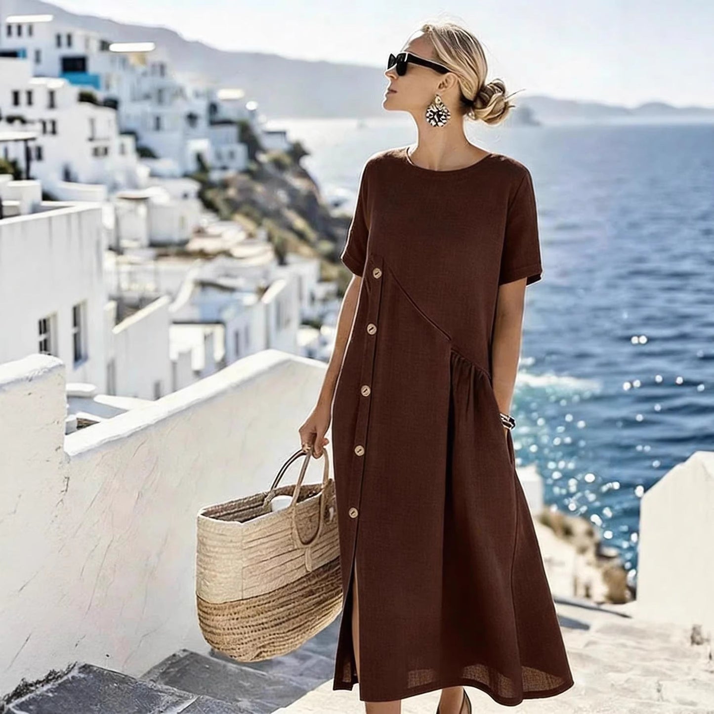 Casual Fastener Decoration Fold Pocket Mid Length Dress