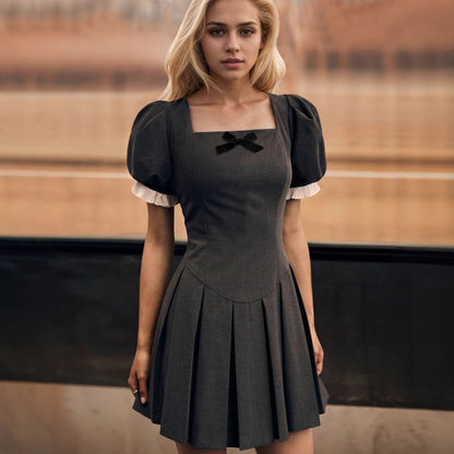 French Summer Elegant Retro College Square Collar Puff Sleeve Black Dress Girl Dress