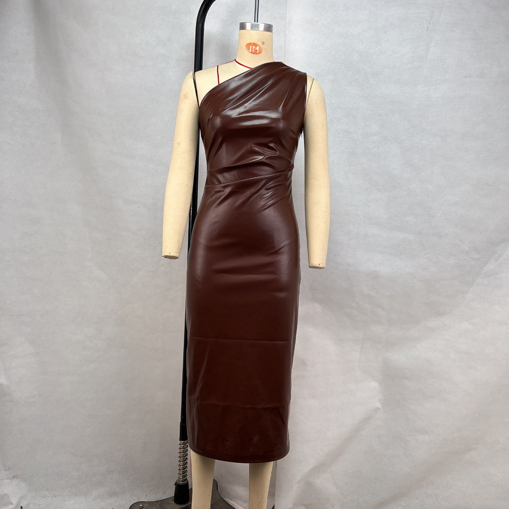 Women Clothing Tight Wrapped Chest Shoulder Faux Leather Dress Sexy Nightclub Dress