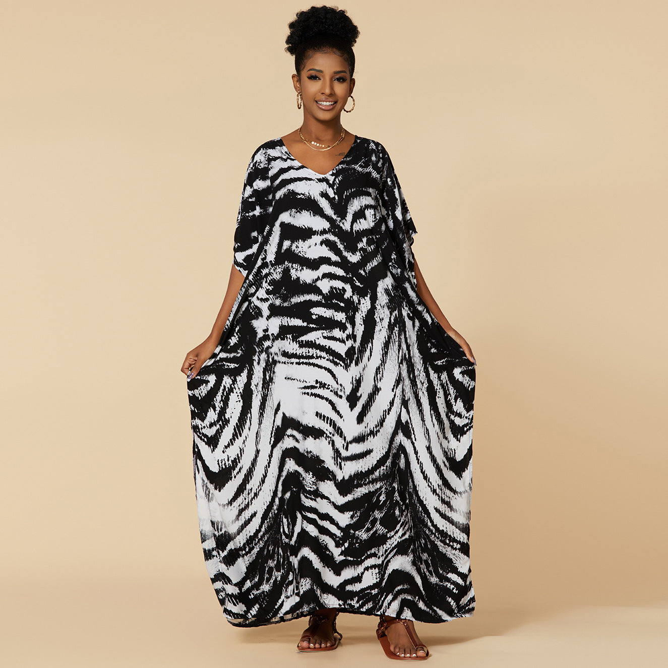 Loose Long Beach Cover Up Rayon Positioning Print Holiday Robe Dress Women