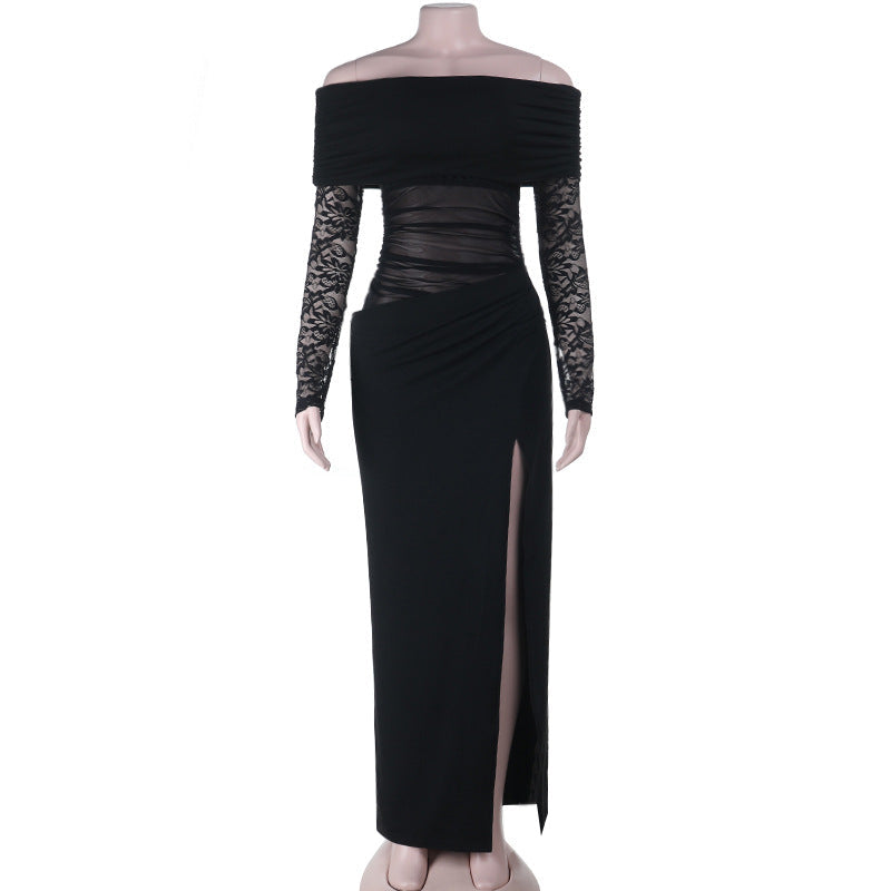 Autumn Sexy Sheer Mesh Lace off Shoulder Wrapped Chest Nipped Waist Sheath Dress