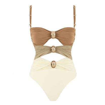 Round Buckle Decorative Color Matching Hollow Out Cutout out Swimsuit Set Women